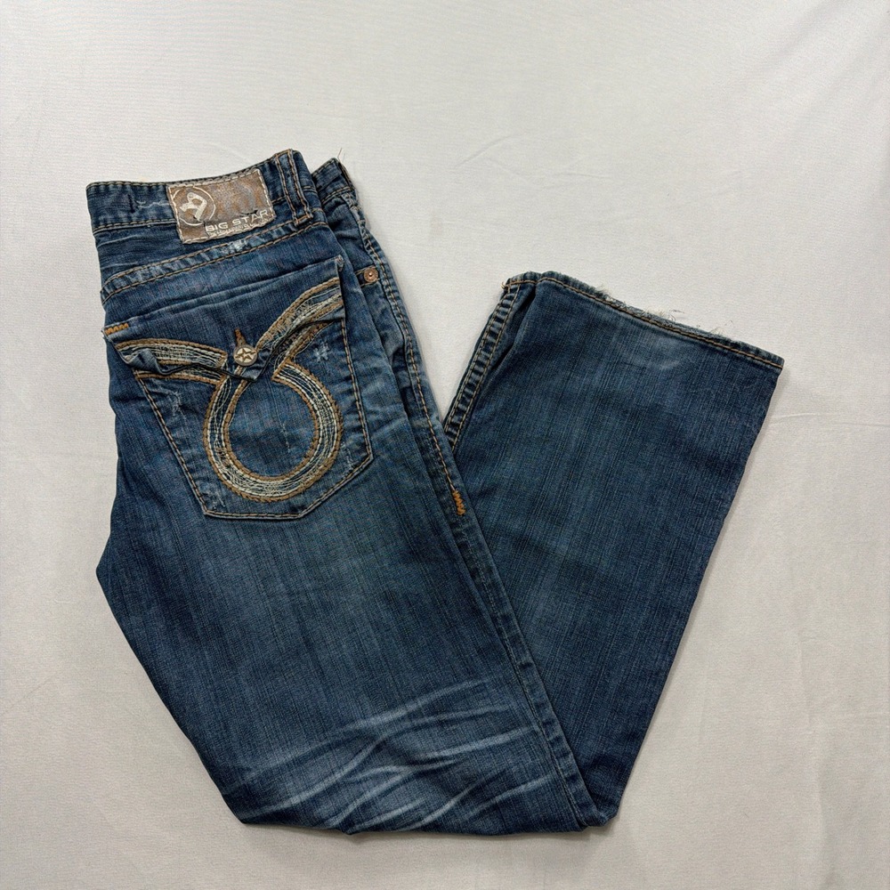Big Star Jeans Straight Leg Embroidered Flap Pocket Medium Wash Mens 36x32